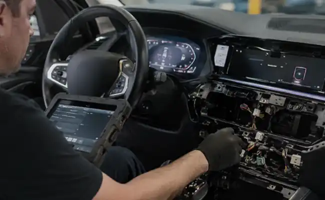 Automotive application image depicting electric vehicle battery pack, motor drive and ADAS sensor module