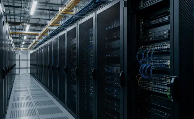 Datacom application scene illustrating a data center rack, server blade and optical transceiver module