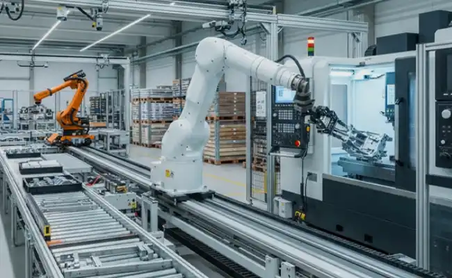 Industrial automation application picture showing factory robot, PLC cabinet and motor drive unit