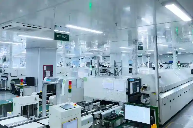 home 4 Wide-angle shot of a unified PCB manufacturing and assembly factory floor with high-speed SMT lines