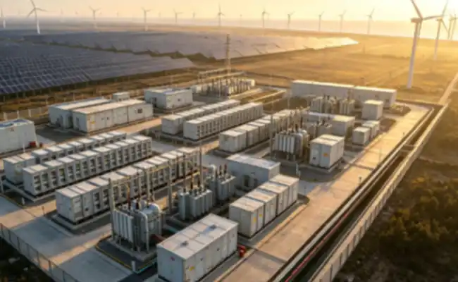 Power and energy application graphic showing a solar panel array, wind turbine and battery storage cabinet