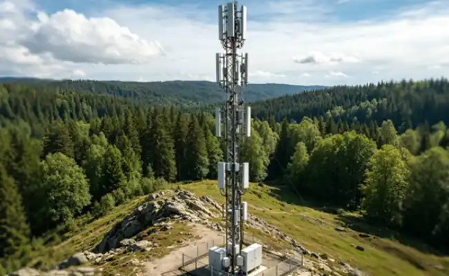 Telecom application graphic with a 5G base station, antenna array and fiber optic network equipment